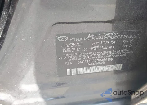 2009 Hyundai Sonata Gls из США, поврежденный, VIN 5NPET46C29H484369